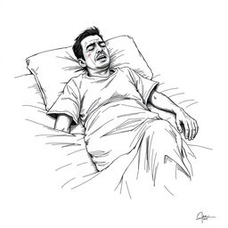 A sketched image of an ill man lying on a bed, wearing a hospital gown, expressing distress as he suffers from a critical illness