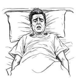 A sketched image of an ill man lying on a bed, wearing a hospital gown, expressing distress as he suffers from a critical illness