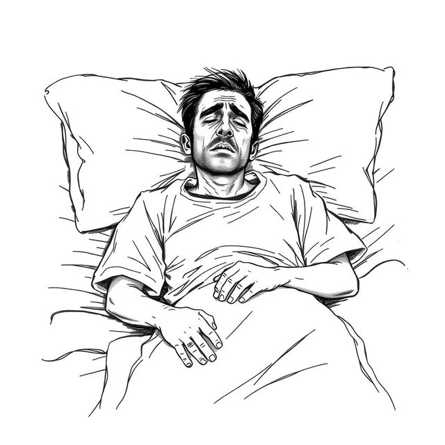 A sketched image of an ill man lying on a bed, wearing a hospital gown, expressing distress as he suffers from a critical illness