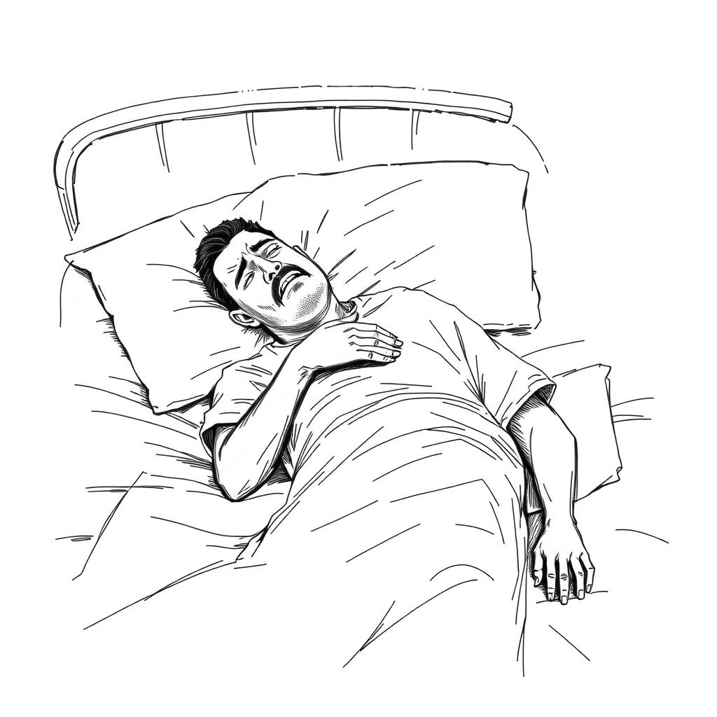 A sketched image of an ill man lying on a bed, wearing a hospital gown, expressing distress as he suffers from a critical illness