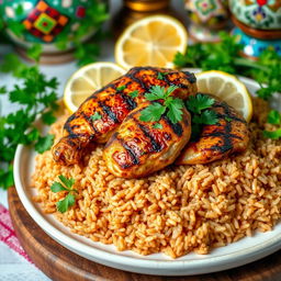 A beautifully plated dish of grilled chicken Kabsa served on a bed of long brown rice, garnished with fresh parsley and lemon slices