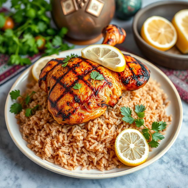 A beautifully plated dish of grilled chicken Kabsa served on a bed of long brown rice, garnished with fresh parsley and lemon slices