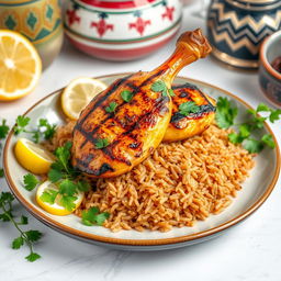 A beautifully plated dish of grilled chicken Kabsa served on a bed of long brown rice, garnished with fresh parsley and lemon slices