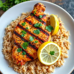 Grilled chicken kabsa served with long brown rice, beautifully garnished with fresh parsley and lemon slices