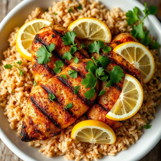 Grilled chicken kabsa served with long brown rice, beautifully garnished with fresh parsley and lemon slices