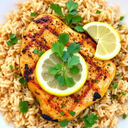Grilled chicken kabsa served with long brown rice, beautifully garnished with fresh parsley and lemon slices