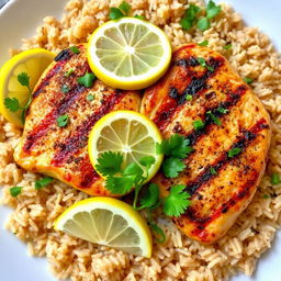 Grilled chicken kabsa served with long brown rice, beautifully garnished with fresh parsley and lemon slices