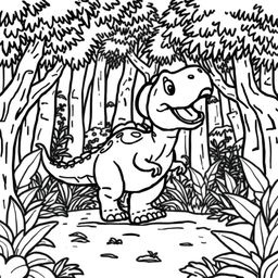 A coloring book page featuring a cartoon-style dinosaur, specifically an Achillobator, set in a dense forest