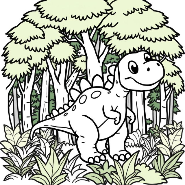 A coloring book page featuring a cartoon-style dinosaur, specifically an Achillobator, set in a dense forest