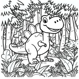 A coloring book page featuring a cartoon-style dinosaur, specifically an Achillobator, set in a dense forest