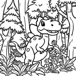 A coloring book page featuring a cartoon-style dinosaur, specifically an Achillobator, set in a dense forest