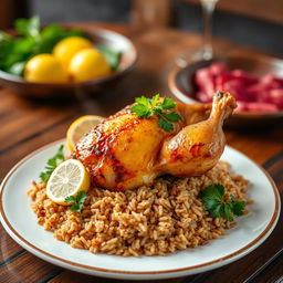 A beautifully arranged plate of roasted chicken kabsa served with long-grain brown rice, garnished with fresh parsley and lemon slices