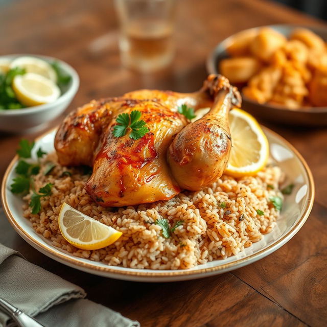 A beautifully arranged plate of roasted chicken kabsa served with long-grain brown rice, garnished with fresh parsley and lemon slices