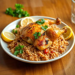 A beautifully arranged plate of roasted chicken kabsa served with long-grain brown rice, garnished with fresh parsley and lemon slices