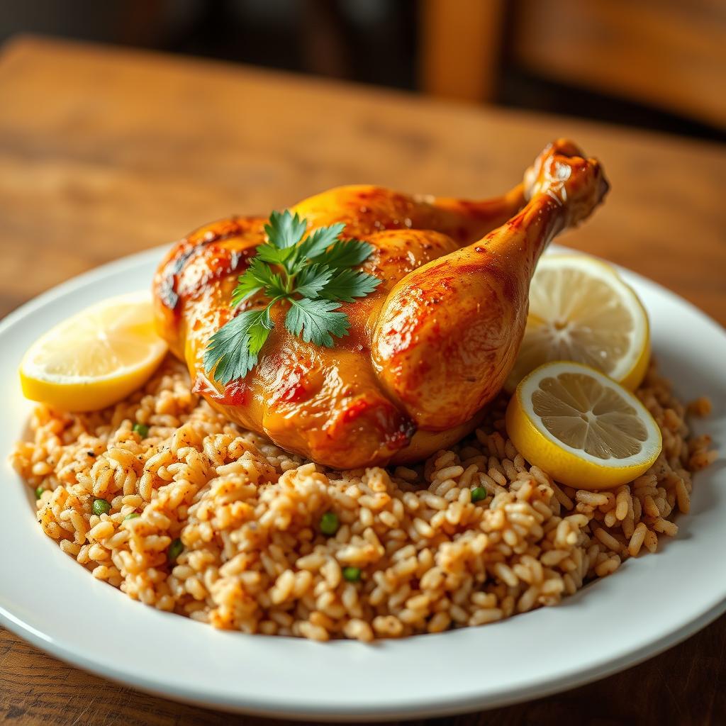 A beautifully arranged plate of roasted chicken kabsa served with long-grain brown rice, garnished with fresh parsley and lemon slices