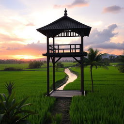 A serene landscape depicting a lush green rice field in Indonesia, with a breathtaking sunset in the background