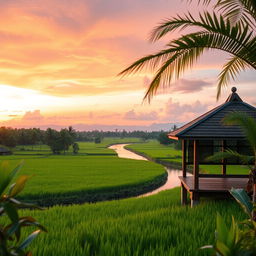 A serene landscape depicting a lush green rice field in Indonesia, with a breathtaking sunset in the background