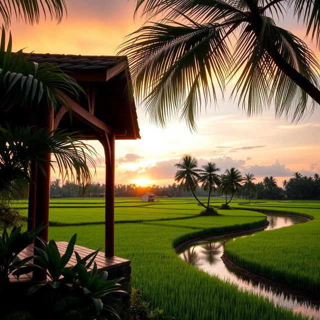 A serene landscape depicting a lush green rice field in Indonesia, with a breathtaking sunset in the background