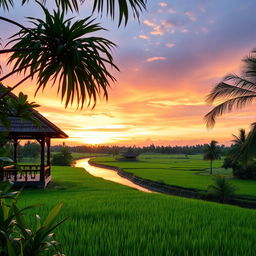 A serene landscape depicting a lush green rice field in Indonesia, with a breathtaking sunset in the background