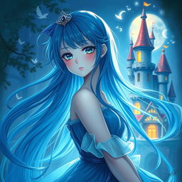 A stunning blue-themed portrait of a girl, inspired by the painting style of Howl's Moving Castle anime