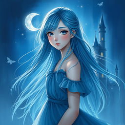 A stunning blue-themed portrait of a girl, inspired by the painting style of Howl's Moving Castle anime