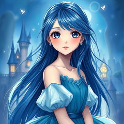 A stunning blue-themed portrait of a girl, inspired by the painting style of Howl's Moving Castle anime