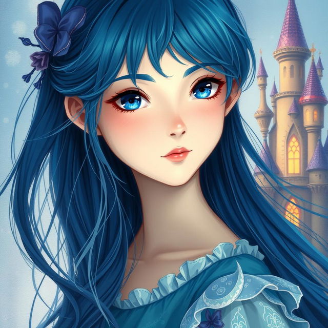 A stunning blue-themed portrait of a girl, inspired by the painting style of Howl's Moving Castle anime