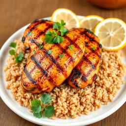 A beautifully arranged plate of grilled chicken kabsa served with long-grain brown rice, garnished with fresh parsley and lemon slices