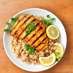 A beautifully arranged plate of grilled chicken kabsa served with long-grain brown rice, garnished with fresh parsley and lemon slices