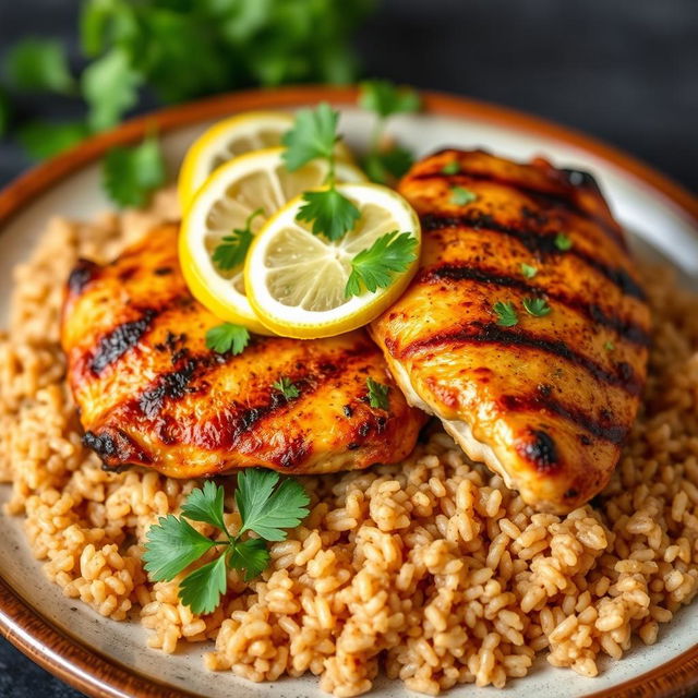 A beautifully arranged plate of grilled chicken kabsa served with long-grain brown rice, garnished with fresh parsley and lemon slices