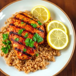 A beautifully arranged plate of grilled chicken kabsa served with long-grain brown rice, garnished with fresh parsley and lemon slices