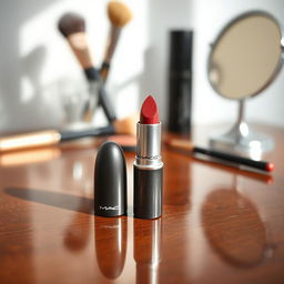 A close-up and beautifully styled photograph of a MAC lipstick, with the bullet perfectly showcased
