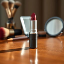 A close-up and beautifully styled photograph of a MAC lipstick, with the bullet perfectly showcased