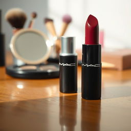 A close-up and beautifully styled photograph of a MAC lipstick, with the bullet perfectly showcased