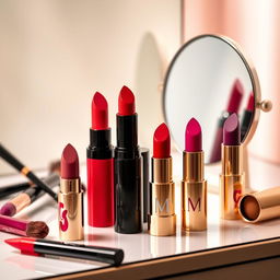 A vibrant and artistic display of various lipstick shades arranged neatly on a stylish vanity