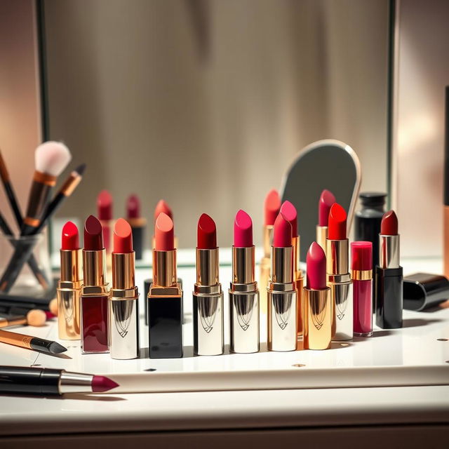 A vibrant and artistic display of various lipstick shades arranged neatly on a stylish vanity