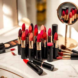 A vibrant and artistic display of various lipstick shades arranged neatly on a stylish vanity
