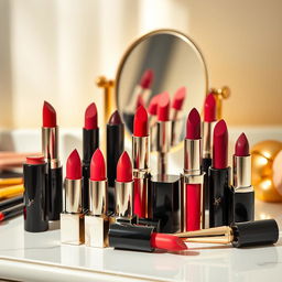 A vibrant and artistic display of various lipstick shades arranged neatly on a stylish vanity