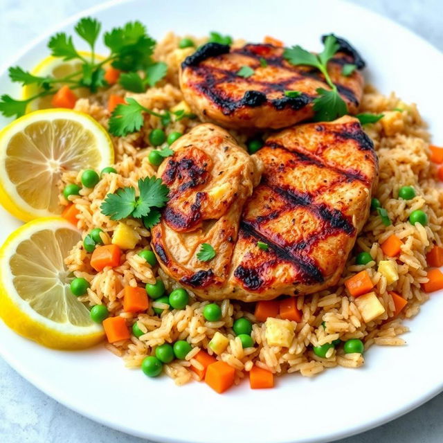 A delicious plate of grilled chicken kabsa served with long brown rice, cooked with peas and diced carrots