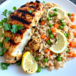 A delicious plate of grilled chicken kabsa served with long brown rice, cooked with peas and diced carrots