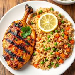A delicious plate of grilled chicken kabsa served with long brown rice, cooked with peas and diced carrots