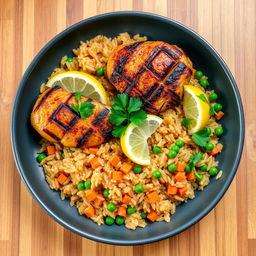 A delicious plate of grilled chicken kabsa served with long brown rice, cooked with peas and diced carrots