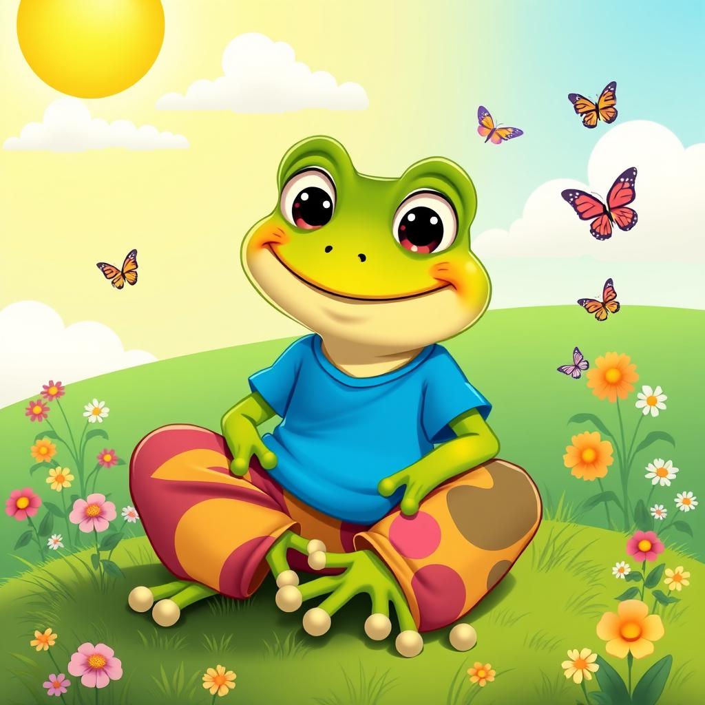 A cartoon frog wearing stylish sweatpants and a bright blue t-shirt, sitting comfortably on a grassy patch under a sunny sky