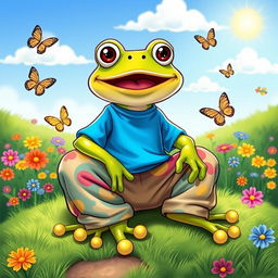 A cartoon frog wearing stylish sweatpants and a bright blue t-shirt, sitting comfortably on a grassy patch under a sunny sky