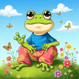 A cartoon frog wearing stylish sweatpants and a bright blue t-shirt, sitting comfortably on a grassy patch under a sunny sky