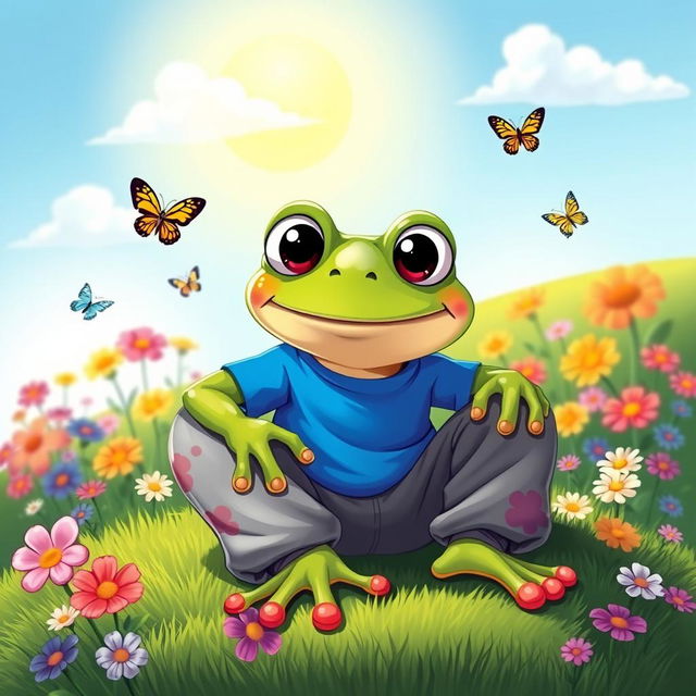 A cartoon frog wearing stylish sweatpants and a bright blue t-shirt, sitting comfortably on a grassy patch under a sunny sky