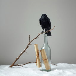 An indoor scene featuring a dried branch brought in from the outside, with an old crow perched on it, its dark feathers creating a striking contrast against the pale background