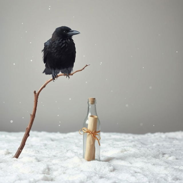 An indoor scene featuring a dried branch brought in from the outside, with an old crow perched on it, its dark feathers creating a striking contrast against the pale background