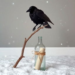 An indoor scene featuring a dried branch brought in from the outside, with an old crow perched on it, its dark feathers creating a striking contrast against the pale background