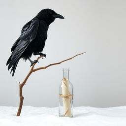 An indoor scene featuring a dried branch brought in from the outside, with an old crow perched on it, its dark feathers creating a striking contrast against the pale background